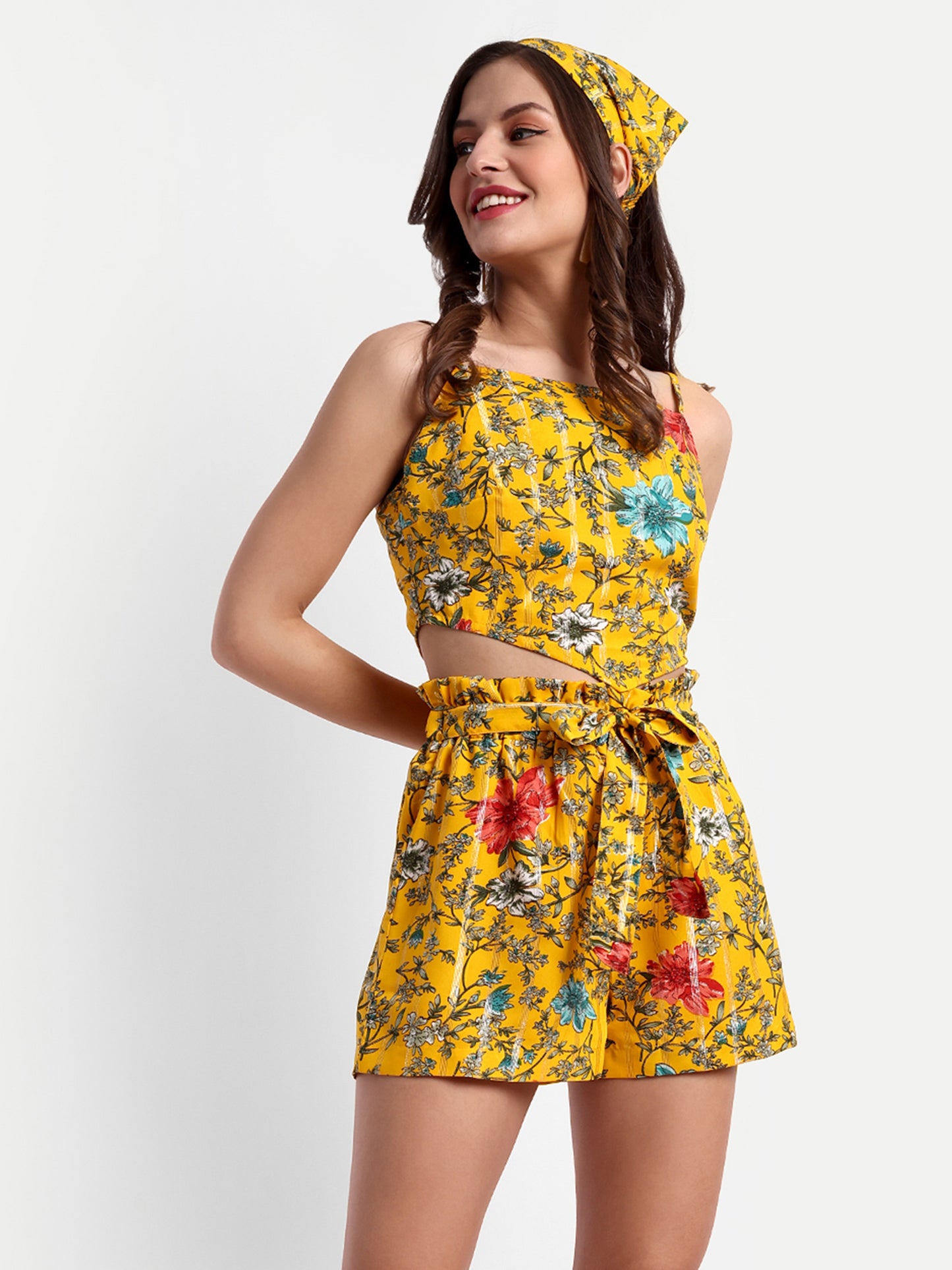 Essque Yellow Lurex Print Top & Shorts Co-Ords Set