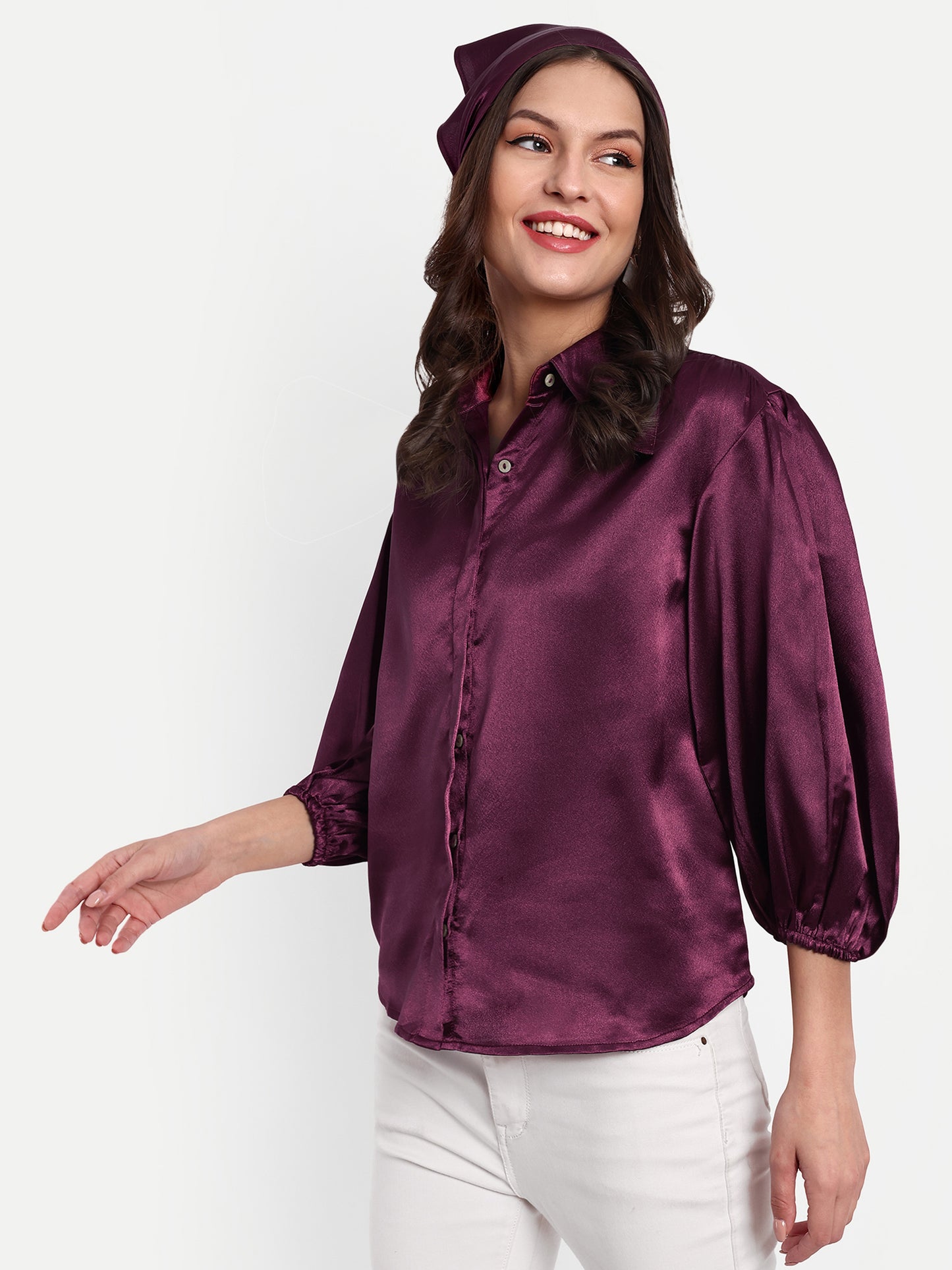 Essque Wine Solid Satin Bishop Sleeves Shirt