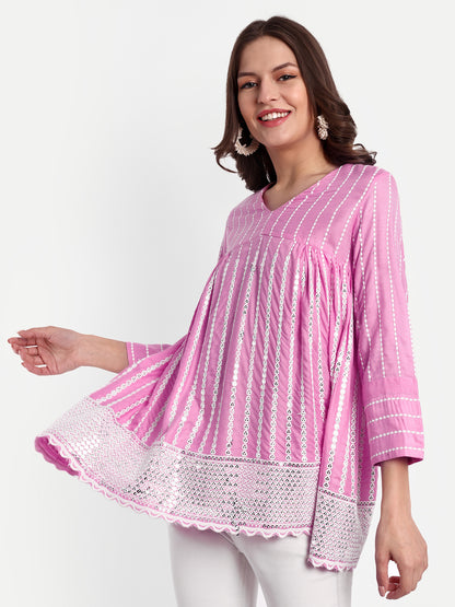 Essque Pink Embroidered Mirror work A-Line Top