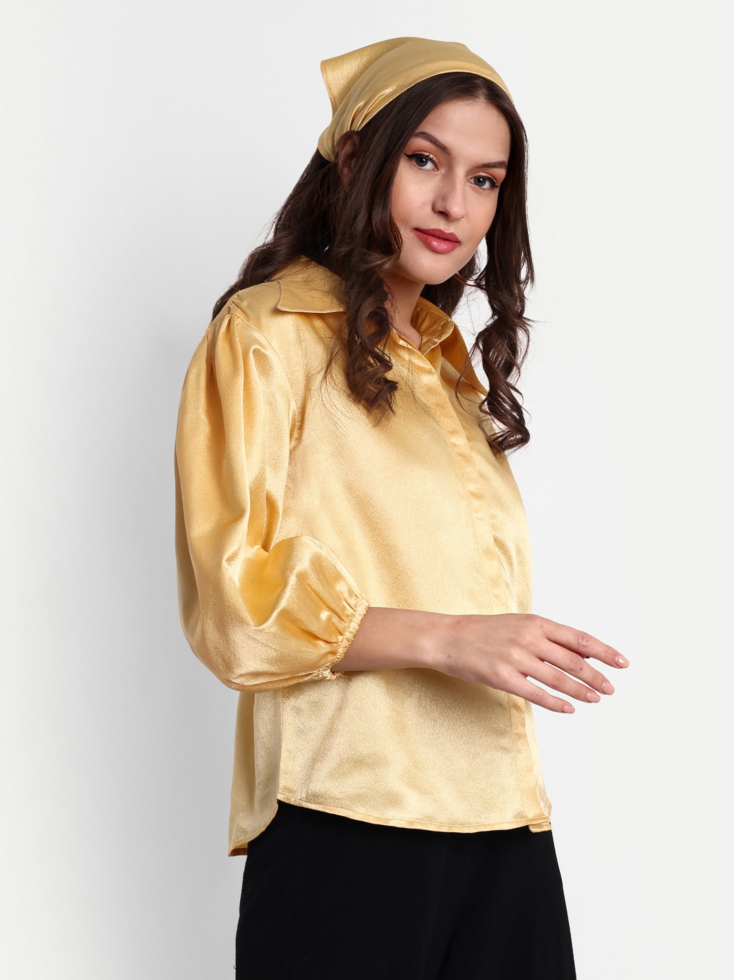 Essque Yellow Solid Satin Bishop Sleeves Shirt