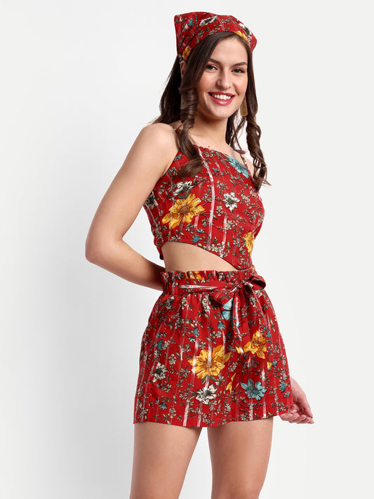 Essque Red Lurex Print Top & Shorts Co-Ords Set