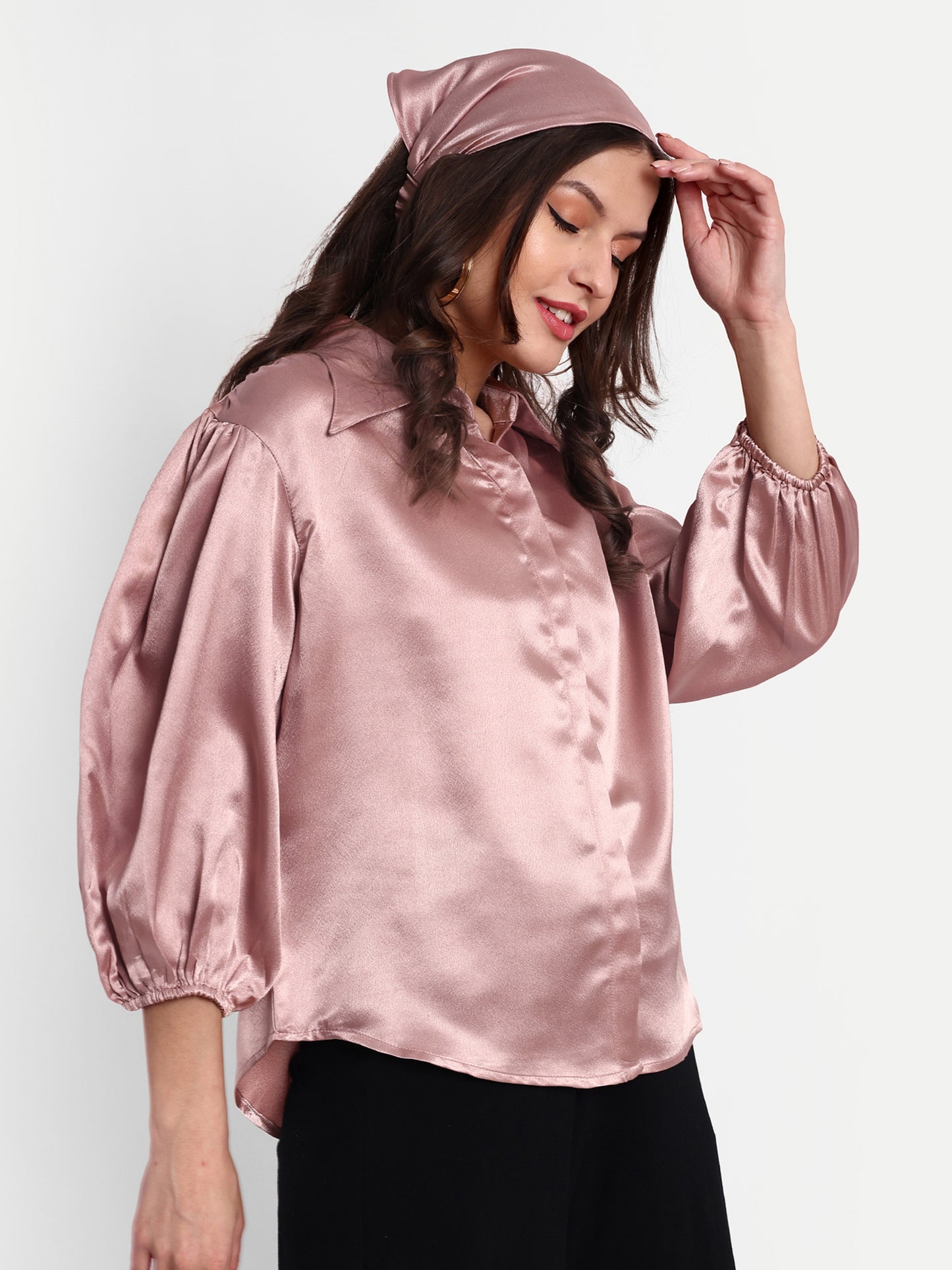 Essque Pink Solid Satin Bishop Sleeves Shirt