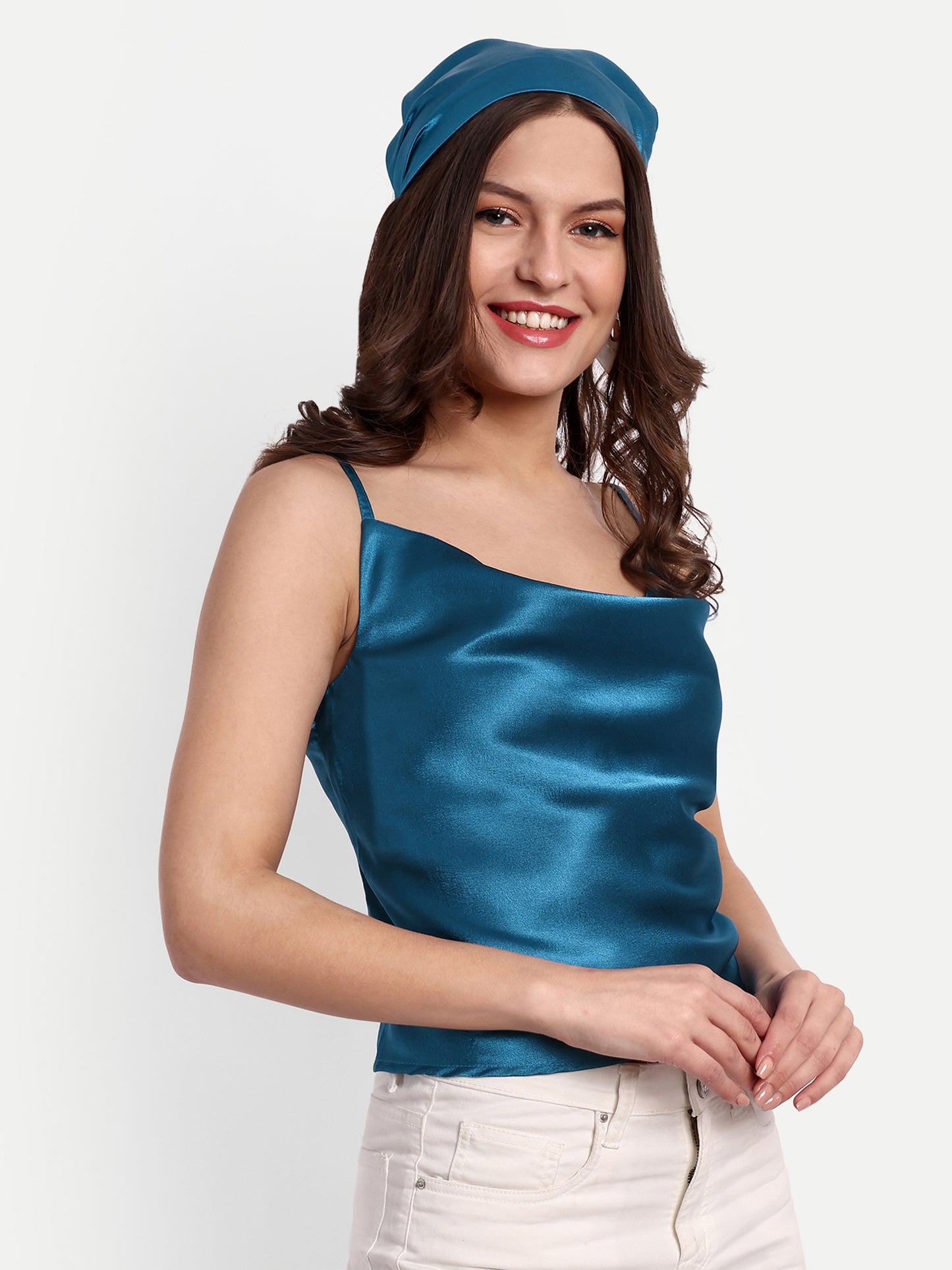 Essque Blue Solid Satin Women Cowl Neck Top