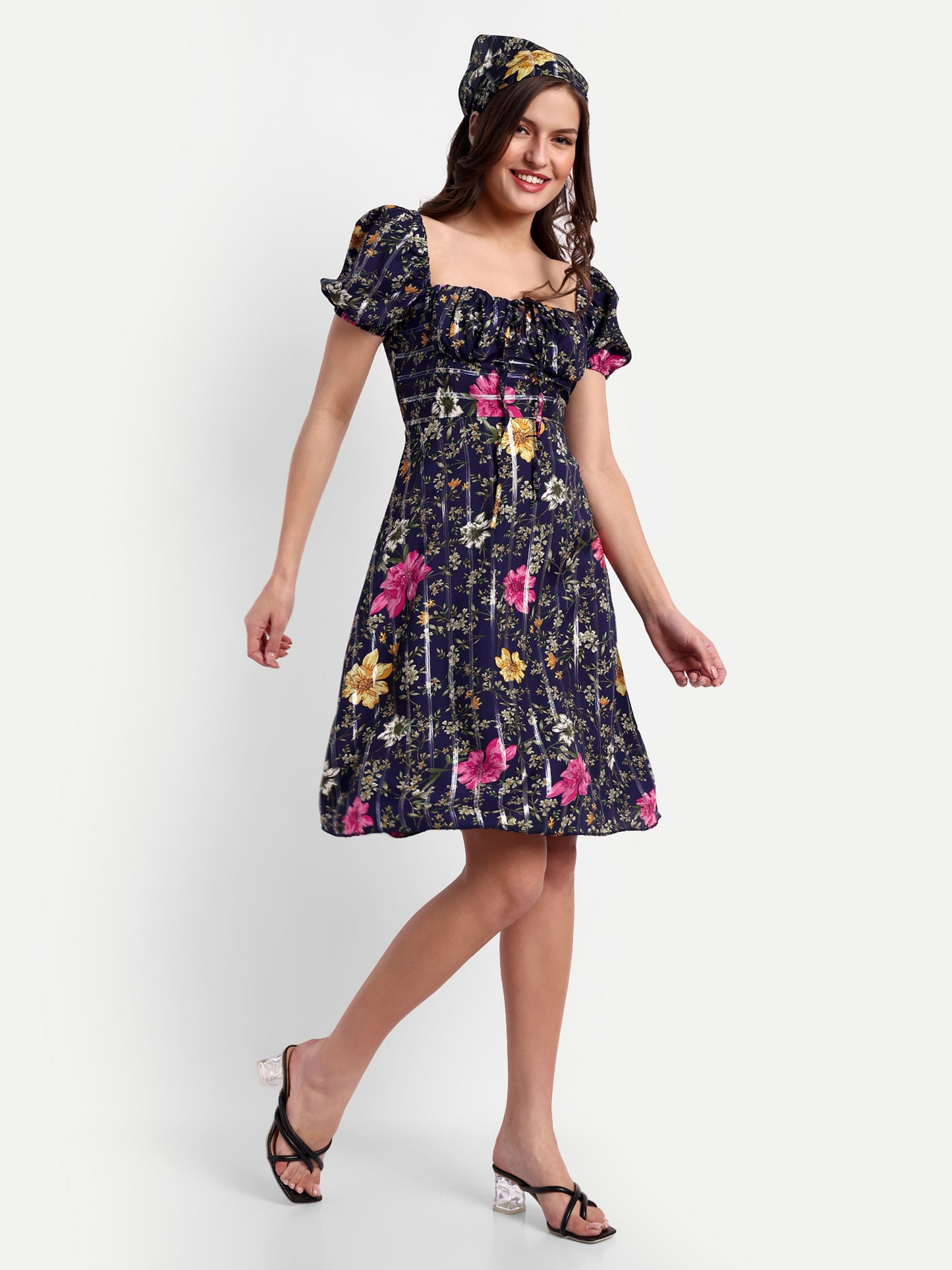 Essque Blue Lurex Floral Print A-Line Dress