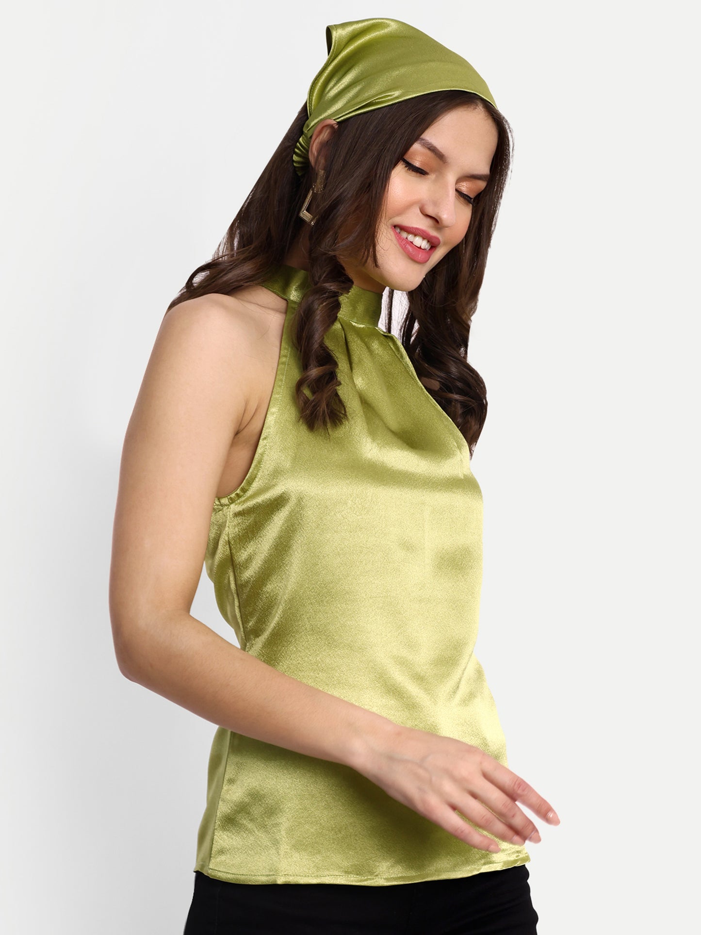 Essque Olive Green solid Satin Women Halter Neck Top