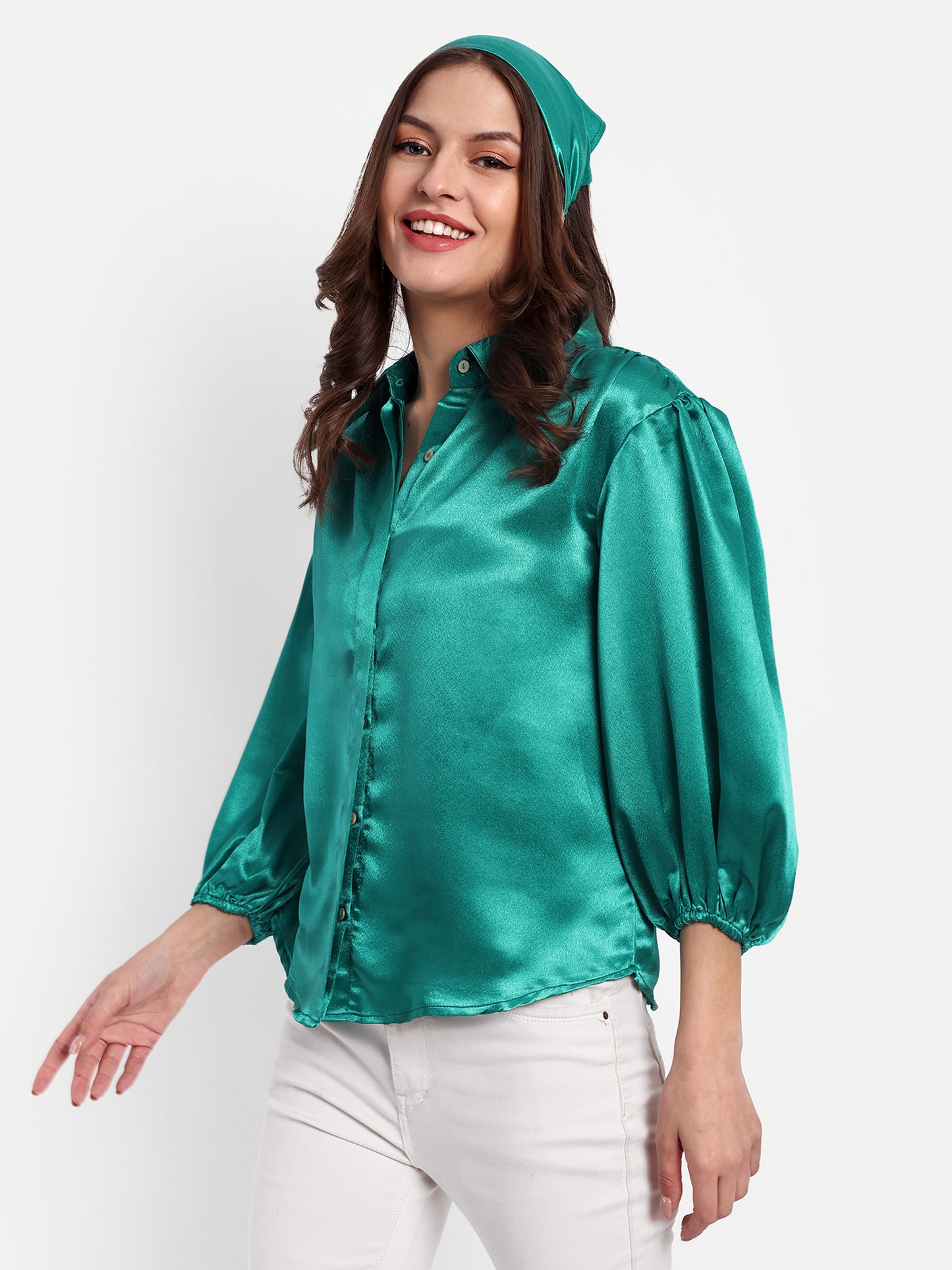 Essque Green Solid Satin Bishop Sleeves Shirt