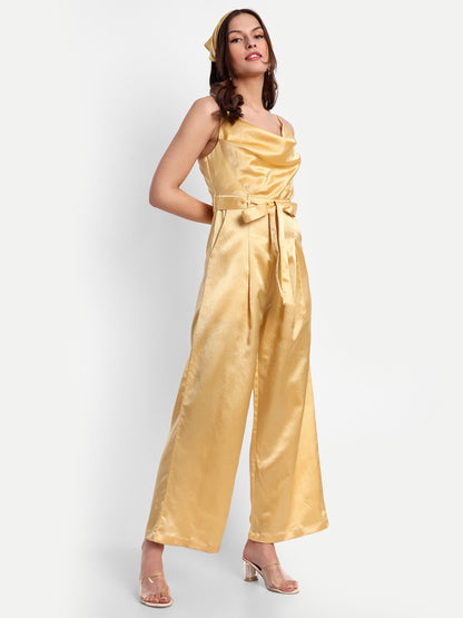 Essque Yellow Solid Satin Cowl Neck Jumpsuit