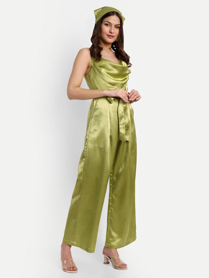 Essque Olive Green Solid Satin Cowl Neck Jumpsuit