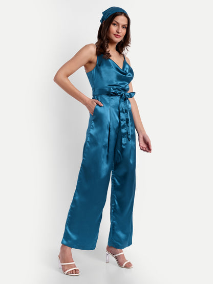 Essque Blue Solid Satin Cowl Neck Jumpsuit