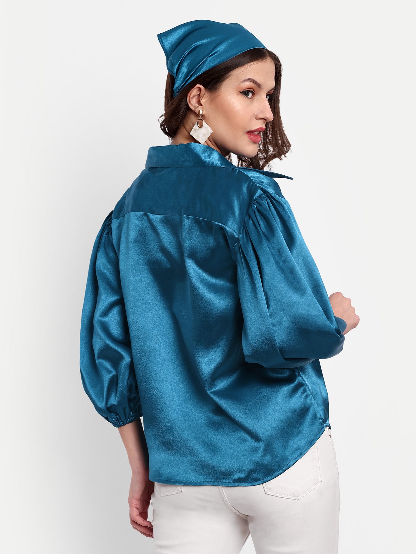 Essque Blue Solid Satin Bishop Sleeves Shirt