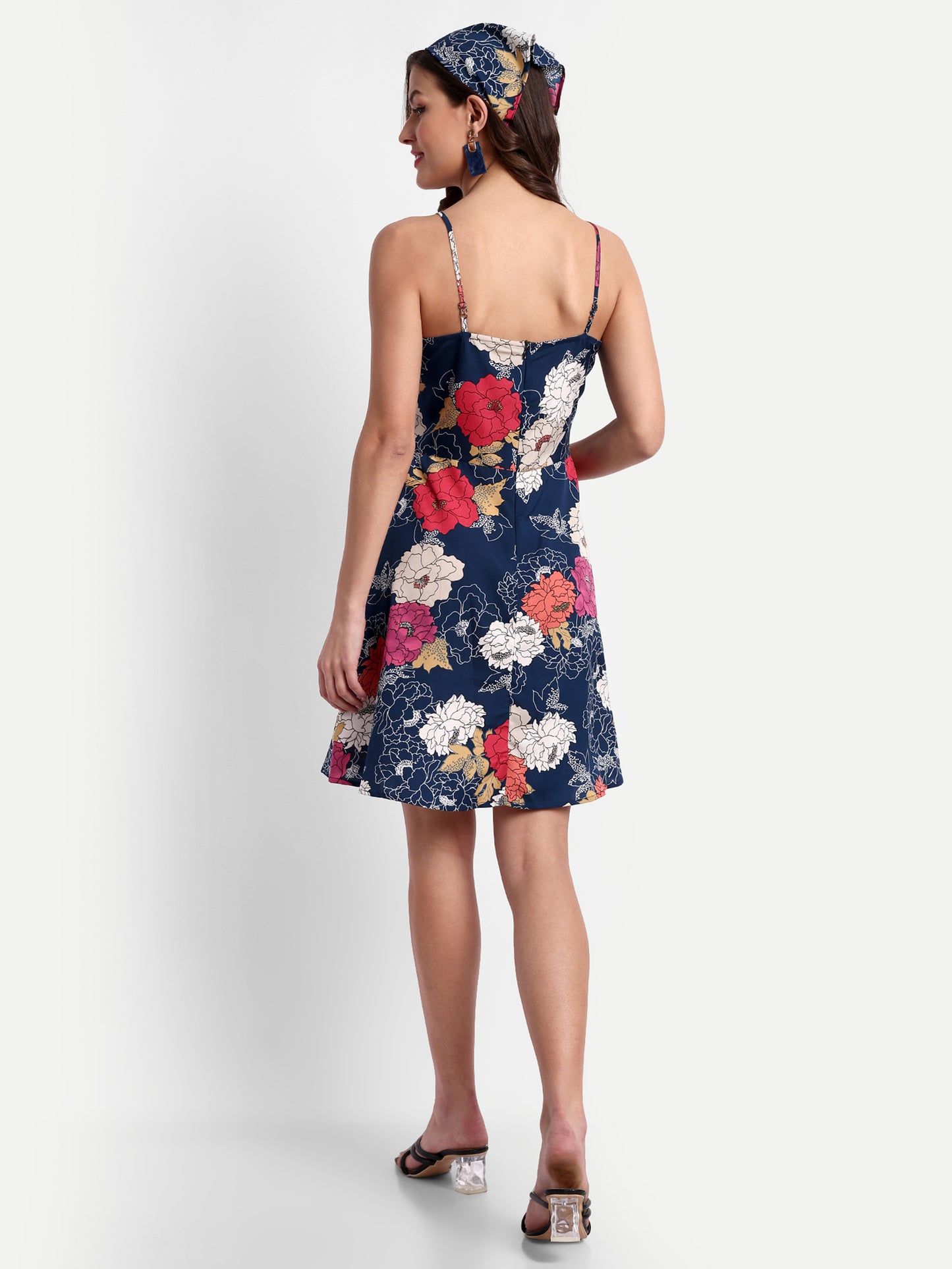 Essque Blue Multi Big Floral Print A-Line Slip Dress