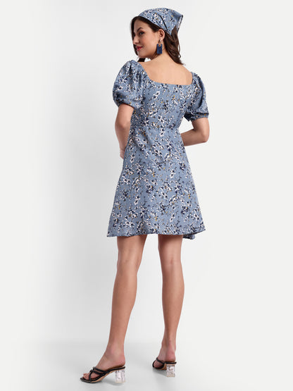 Essque Blue Floral Print Sweetheart Neck Empire Dress