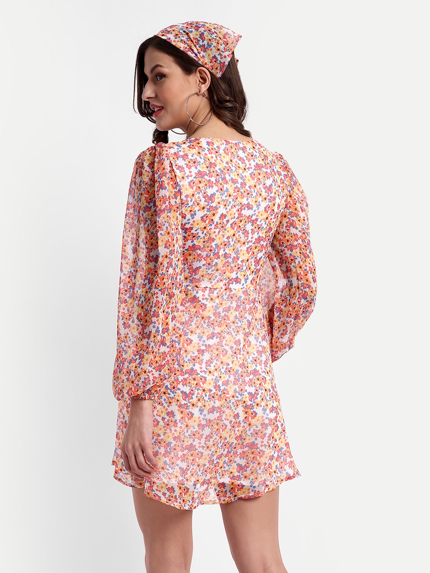 Essque Orange Floral print V-Neck bishop sleeves Dress