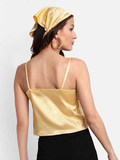 Essque Yellow Solid Satin Women Cowl Neck Top