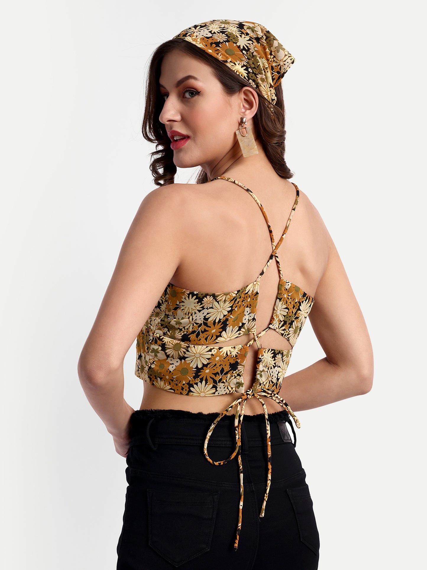 Essque Brown multi Floral print V-Neck Bralette