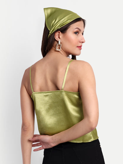 Essque Olive Green Solid Satin Women Cowl Neck Top