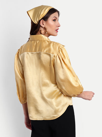 Essque Yellow Solid Satin Bishop Sleeves Shirt