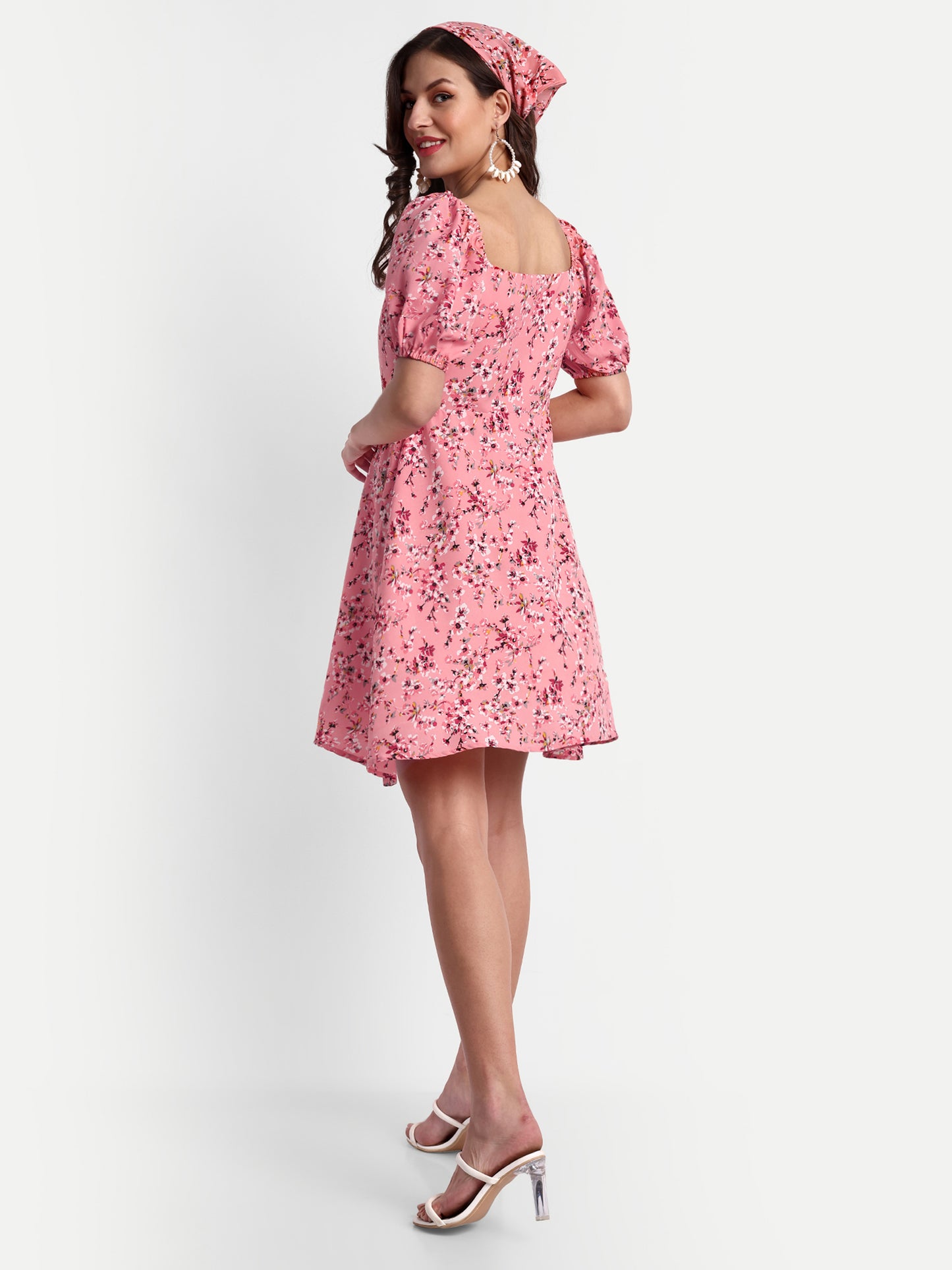 Essque Pink Floral Print Sweetheart Neck Empire Dress