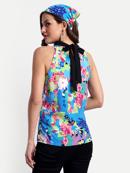 Essque Blue abstract print halter neck Top