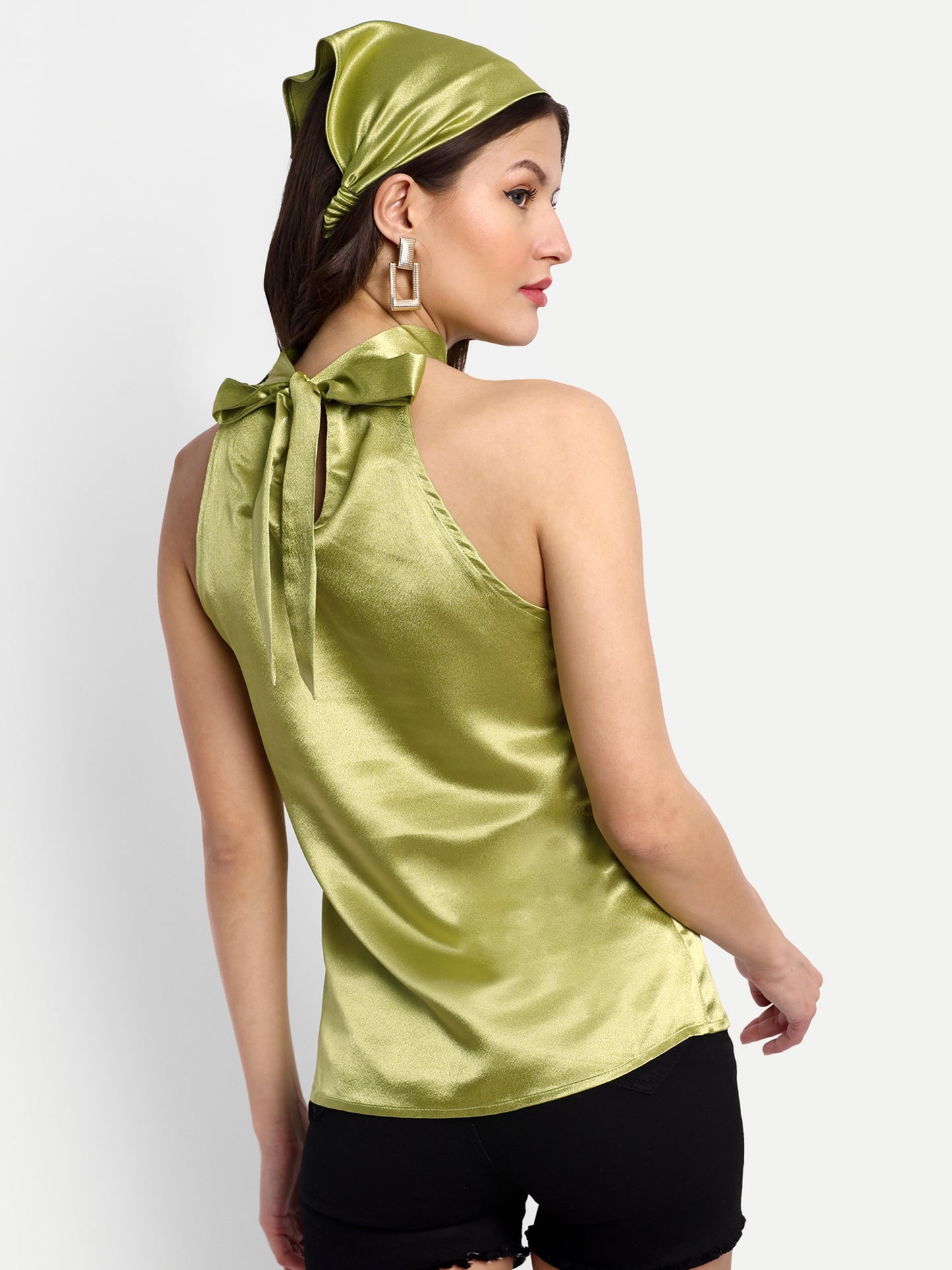 Essque Olive Green solid Satin Women Halter Neck Top