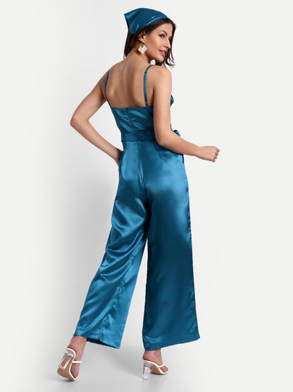 Essque Blue Solid Satin Cowl Neck Jumpsuit