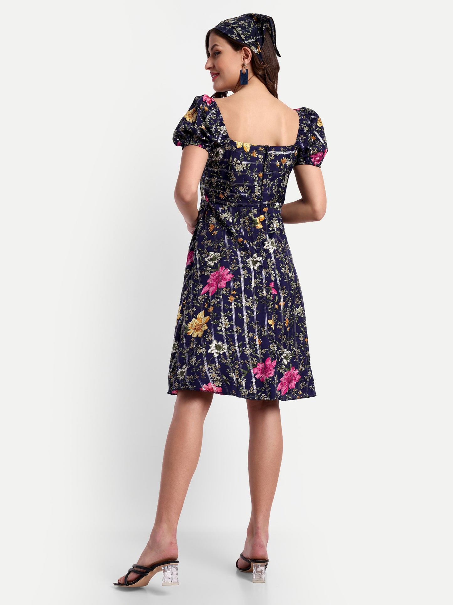 Essque Blue Lurex Floral Print A-Line Dress