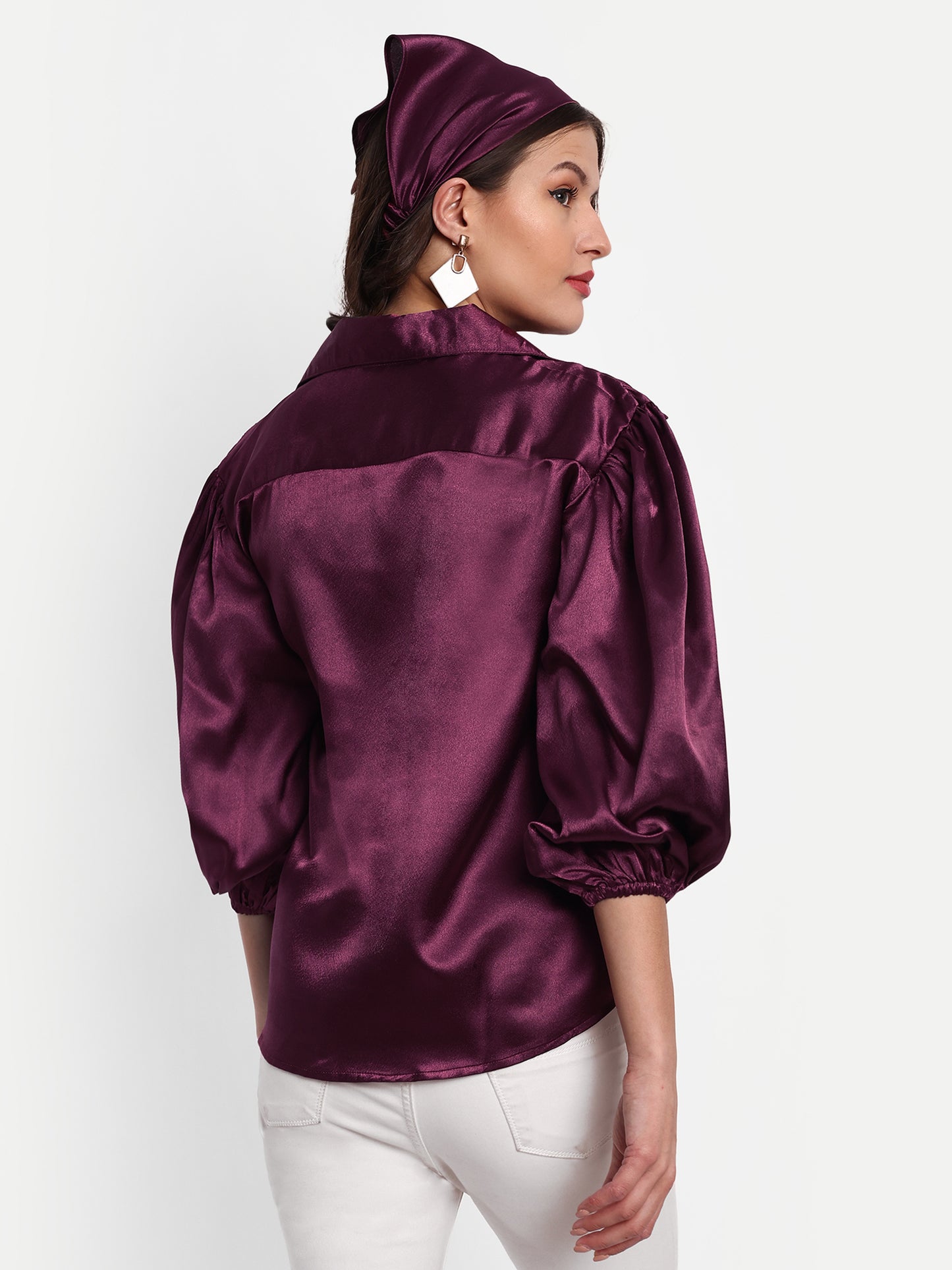 Essque Wine Solid Satin Bishop Sleeves Shirt