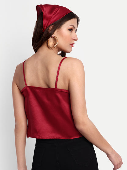 Essque Red Solid Satin Women Cowl Neck Top