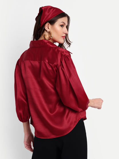 Essque Red Solid Satin Bishop Sleeves Shirt