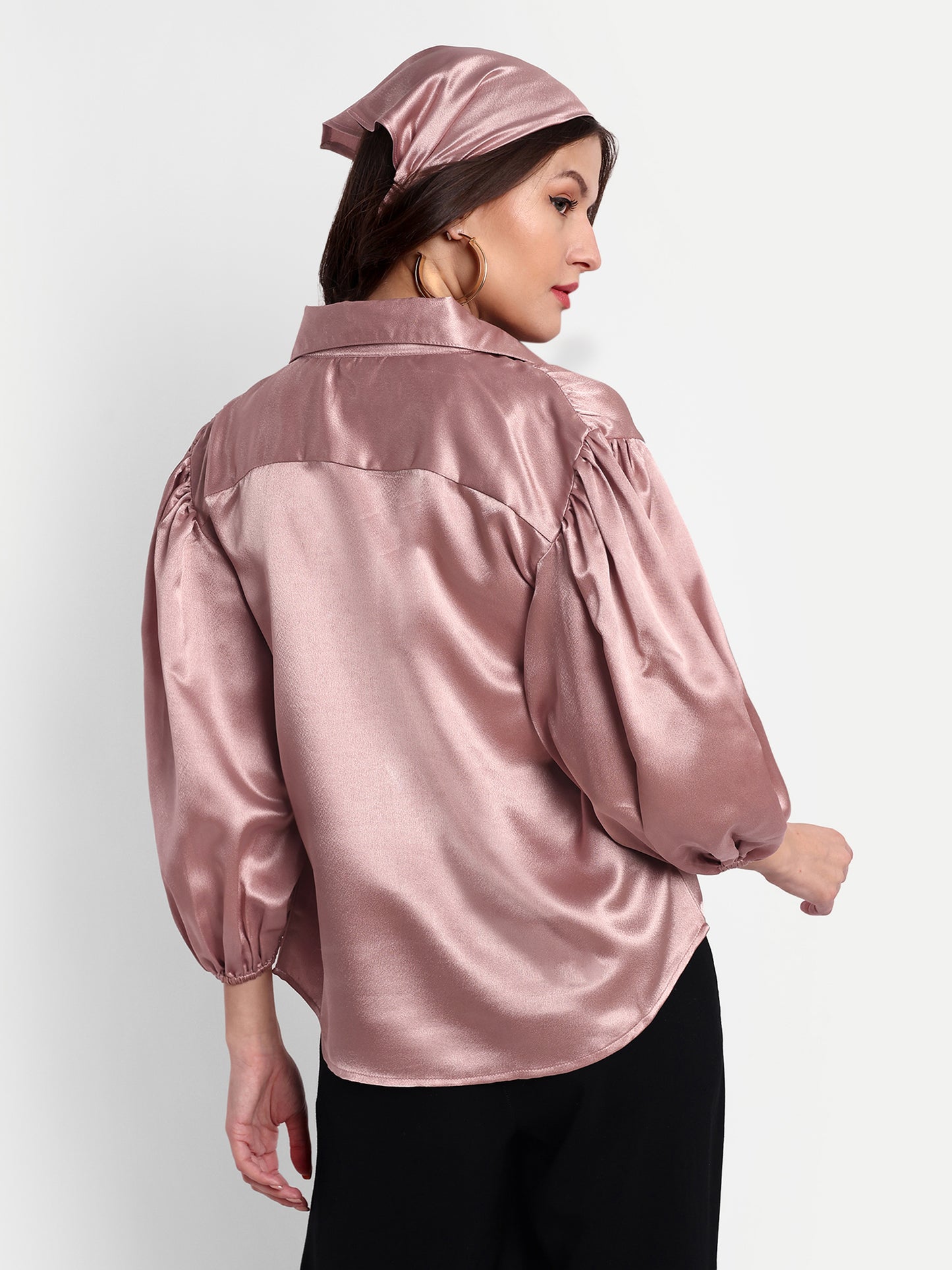 Essque Pink Solid Satin Bishop Sleeves Shirt