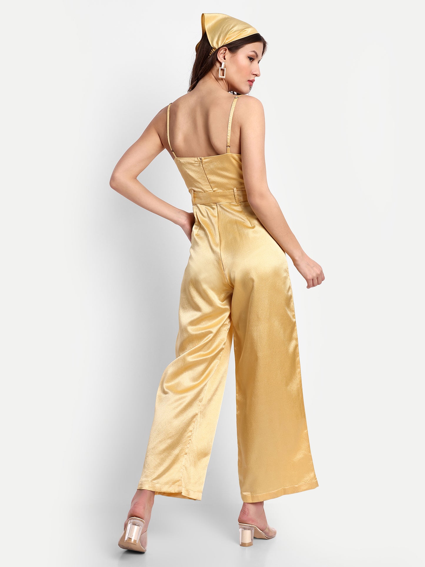 Essque Yellow Solid Satin Cowl Neck Jumpsuit