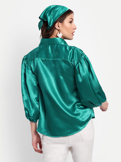 Essque Green Solid Satin Bishop Sleeves Shirt