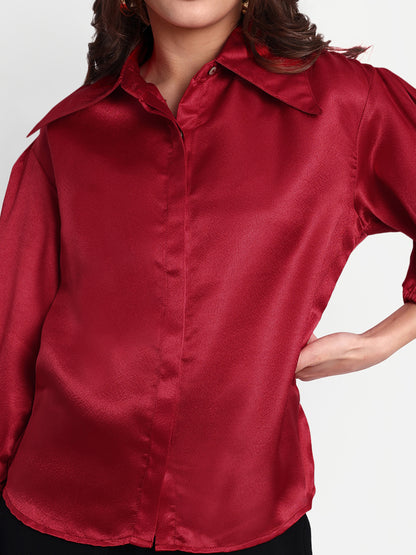 Essque Red Solid Satin Bishop Sleeves Shirt