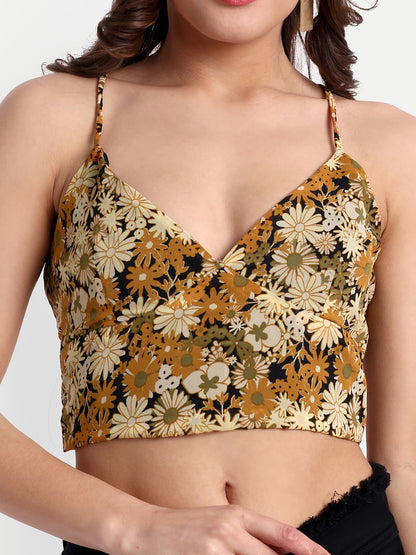 Essque Brown multi Floral print V-Neck Bralette