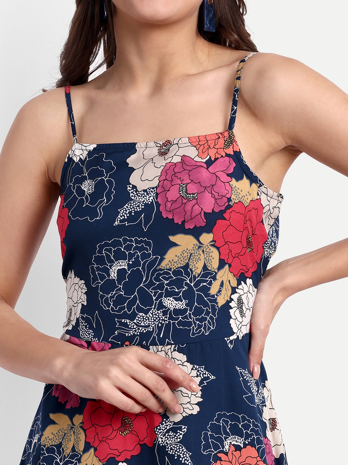 Essque Blue Multi Big Floral Print A-Line Slip Dress