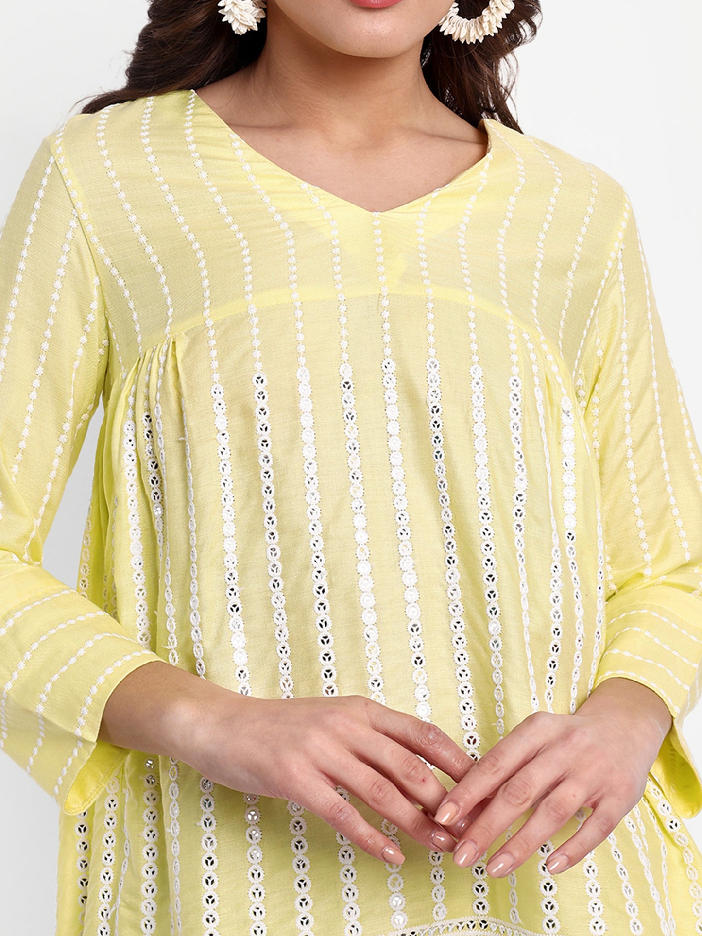 Essque Yellow Embroidered Mirror work A-Line Top