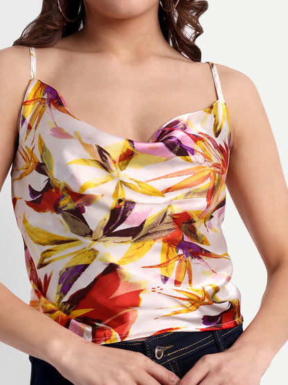 Essque Multi Printed Satin Women Cowl Neck Top