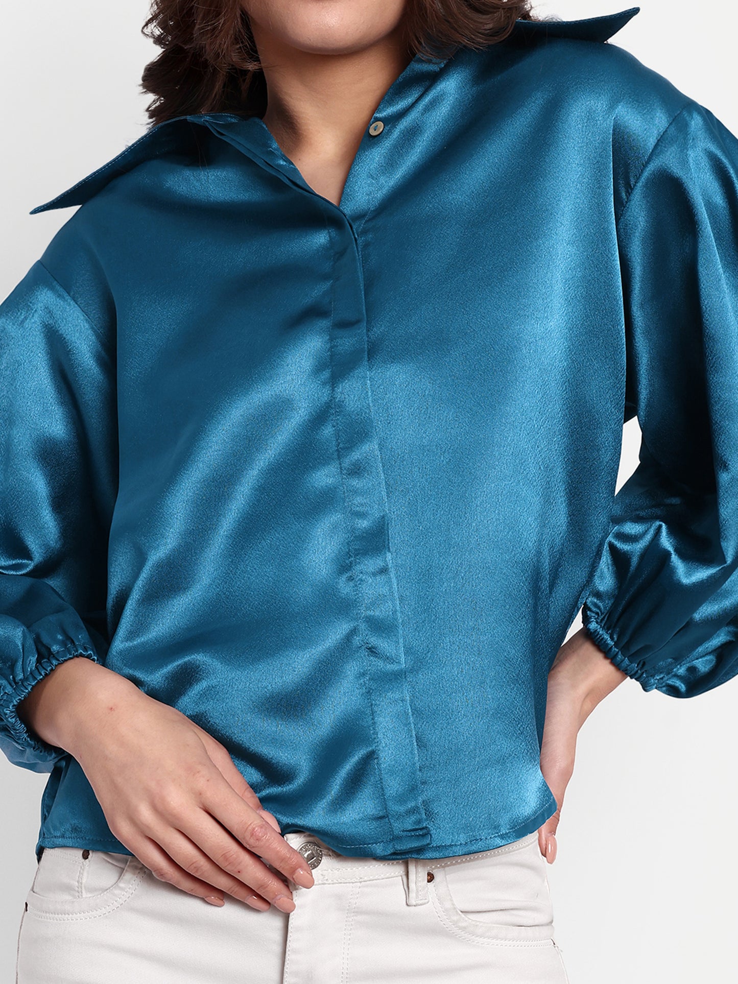 Essque Blue Solid Satin Bishop Sleeves Shirt