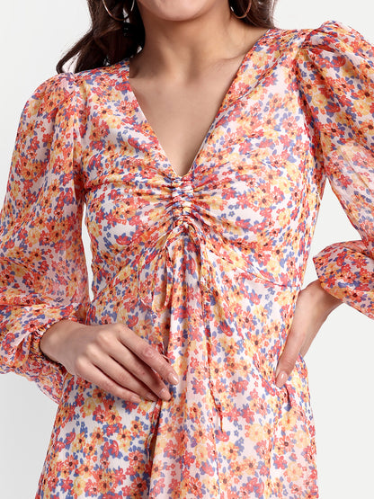 Essque Orange Floral print V-Neck bishop sleeves Dress