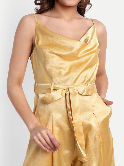 Essque Yellow Solid Satin Cowl Neck Jumpsuit