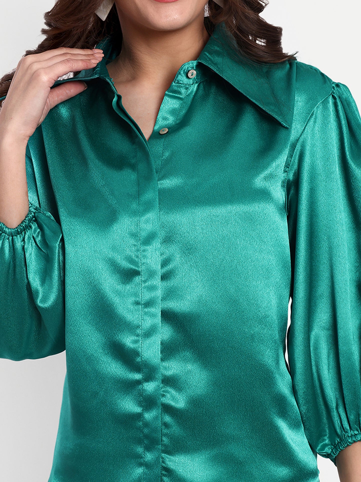 Essque Green Solid Satin Bishop Sleeves Shirt