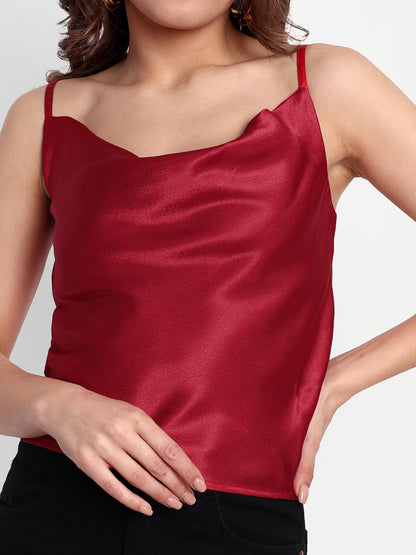 Essque Red Solid Satin Women Cowl Neck Top