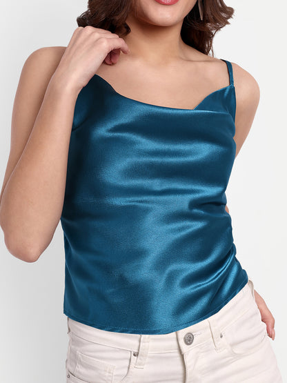 Essque Blue Solid Satin Women Cowl Neck Top