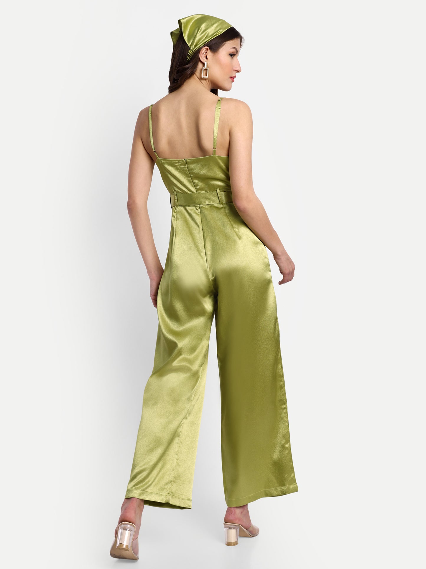 Essque Olive Green Solid Satin Cowl Neck Jumpsuit