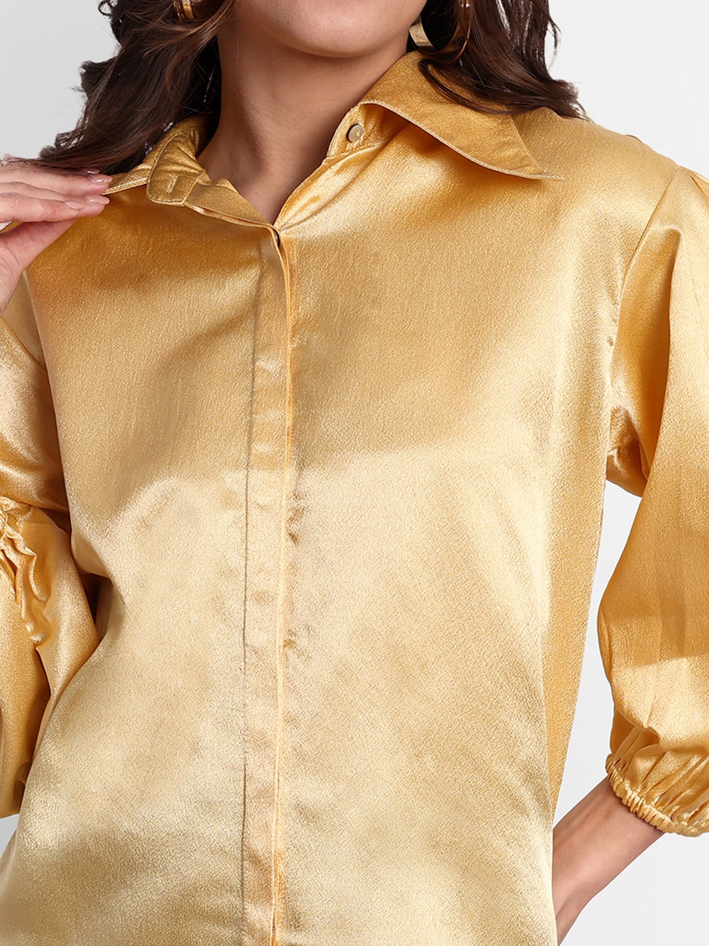 Essque Yellow Solid Satin Bishop Sleeves Shirt