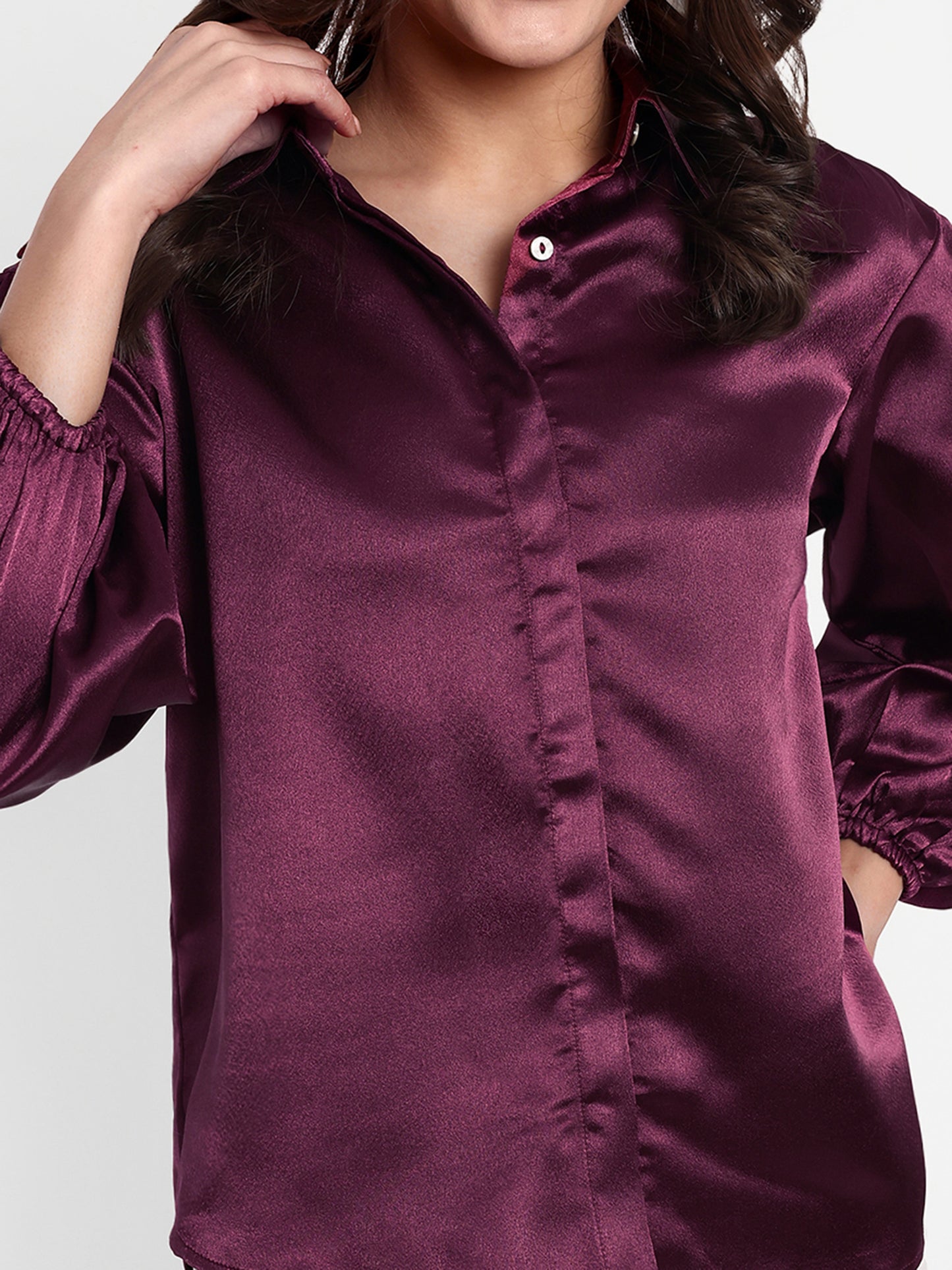 Essque Wine Solid Satin Bishop Sleeves Shirt