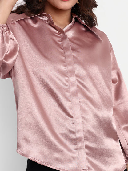 Essque Pink Solid Satin Bishop Sleeves Shirt