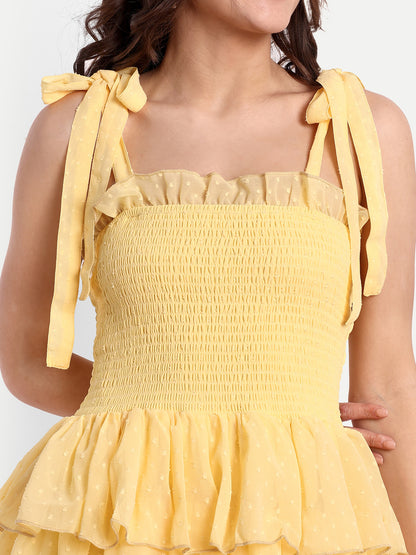 Essque Yellow Swiss Dot Front Smocking Tiers Dress