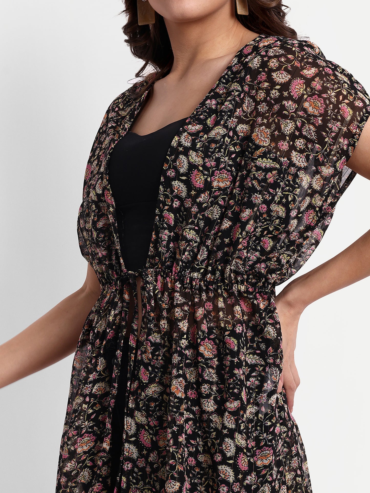 Essque black multi print lurex longline shrug