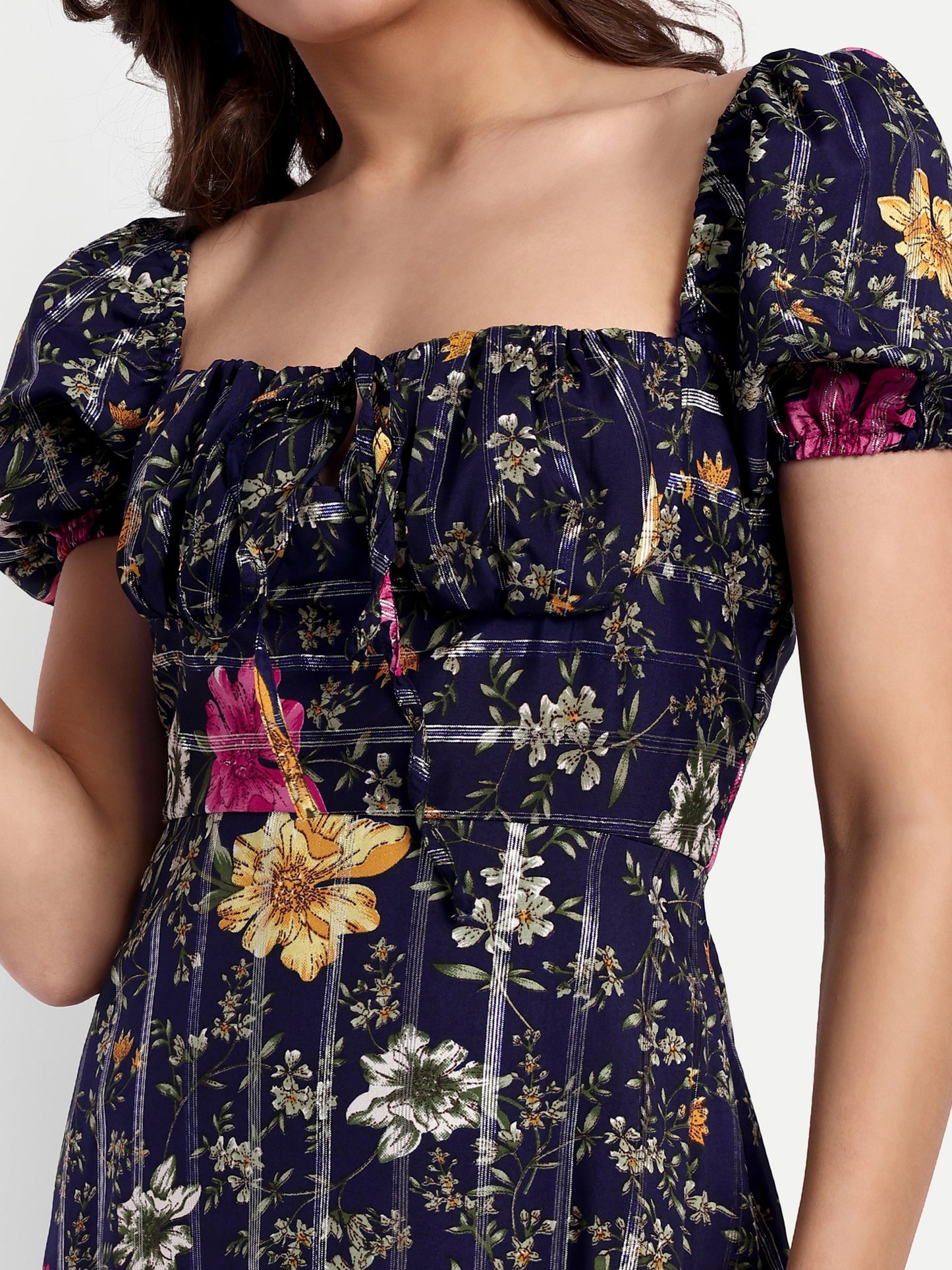 Essque Blue Lurex Floral Print A-Line Dress